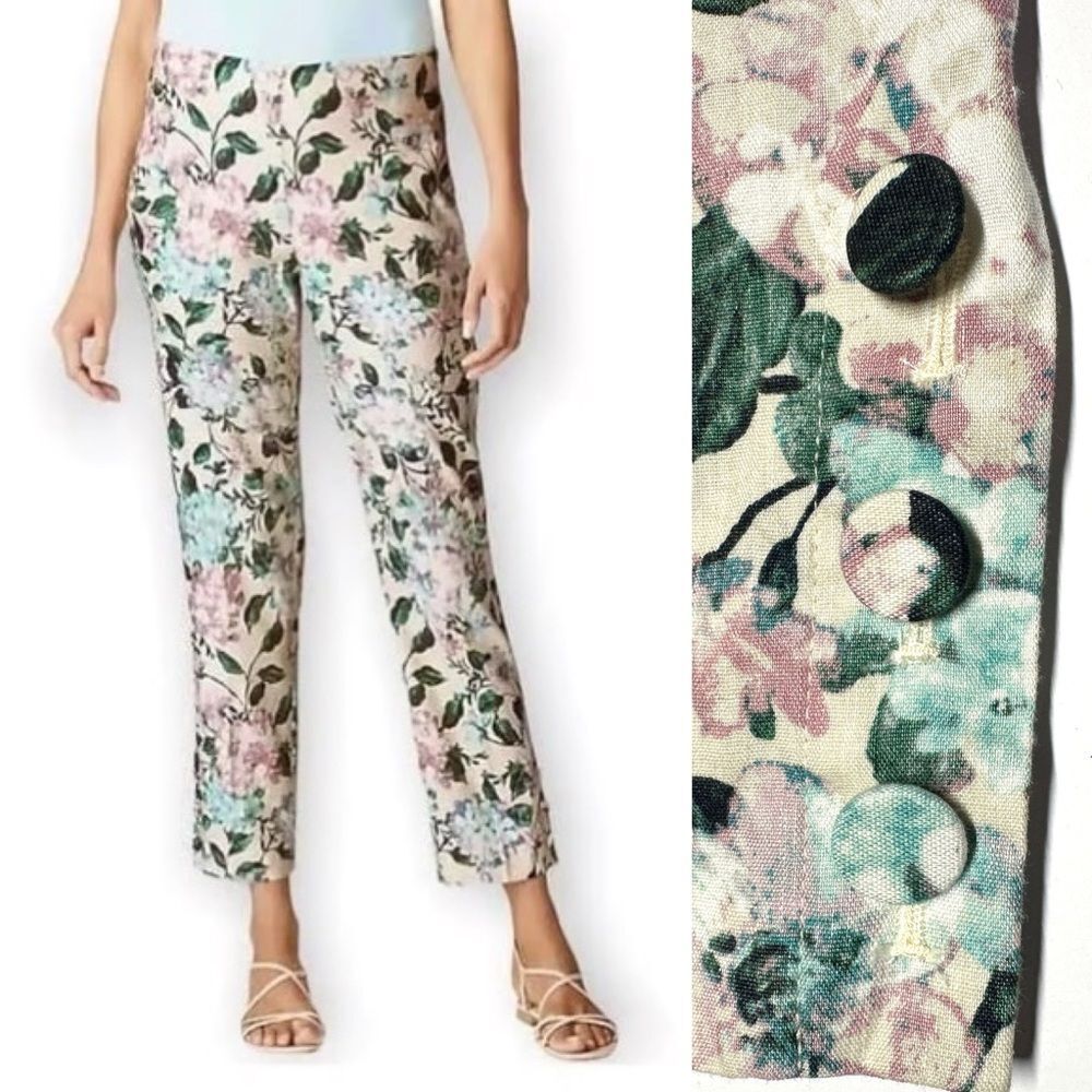 J. Jill Floral Pant Linen White Stretch Crop Button Cuffs Coastal Resort Medium
